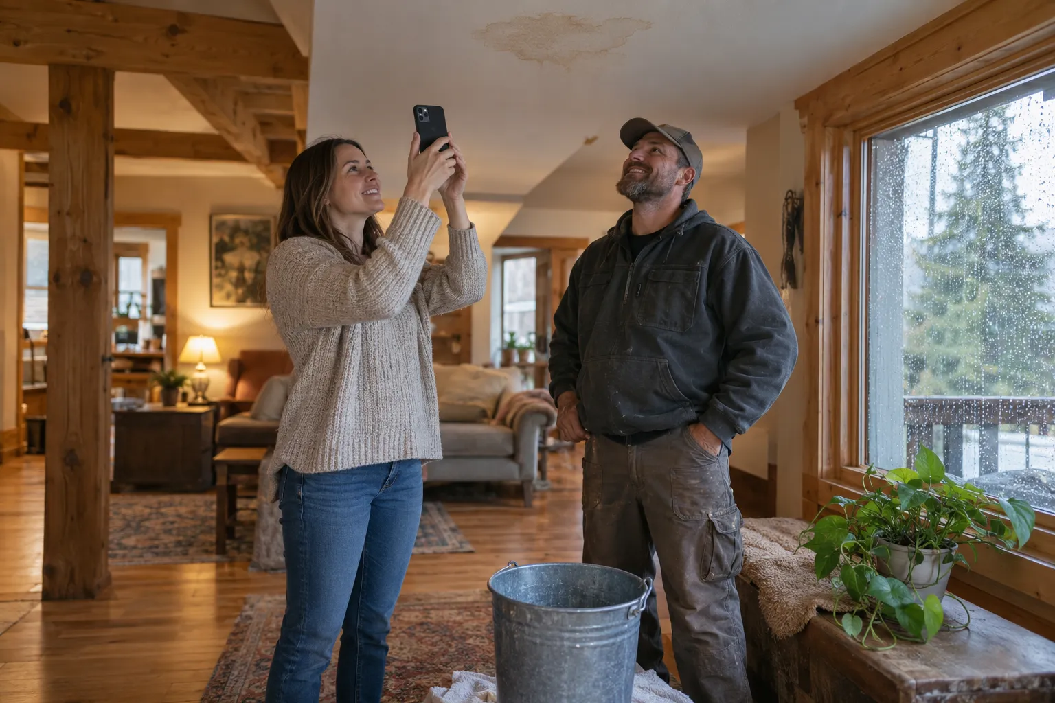 Homeowner pointing out a ceiling water stain to a friendly roofing provider in a home in Snoqualmie